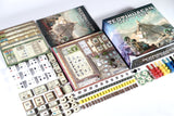 Teotihuacan board game components including cards, pieces, and box on a white background