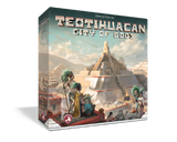 Board game box for 'Teotihuacan: City of Gods' with illustrations of ancient structures and figures.