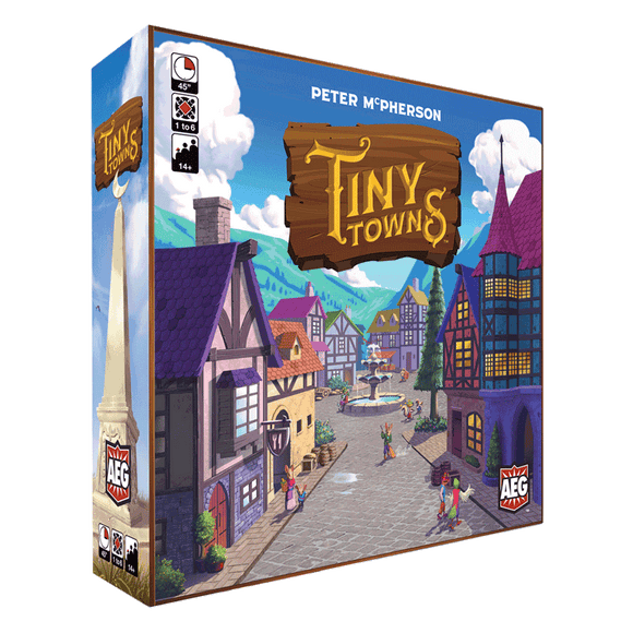 Board game box for 'Tiny Towns' by Peter McPherson with colorful town illustration on a blue sky background.