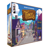 Board game box for 'Tiny Towns' by Peter McPherson with colorful town illustration on a blue sky background.