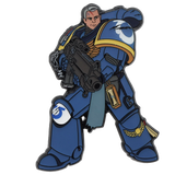 Character in blue armor with a weapon on a white background