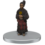 Figurine of a character in dark clothing holding a coin on a white background