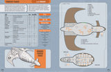 Futuristic spaceship design with technical details and schematics on a blue background