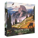Board game box for 'Trailblazer' with mountain and nature design