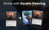 Three fantasy cards with a mountainous background and text about 'Double Sleeving'.
