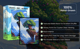 Pixel art card sleeve packaging and a sample card featuring a floating tree landscape, shown with feature callouts on a dark forest background. Text highlights 100% hand-drawn texture, matte back, glossy front, black interior, and double sleeve fit.