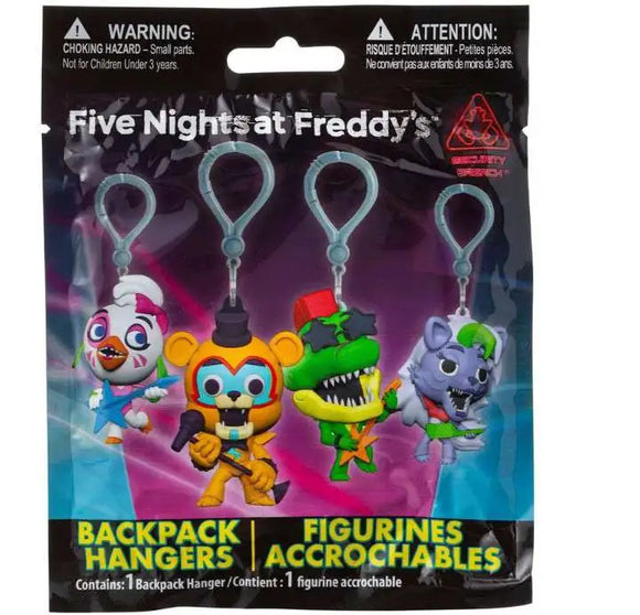 Packaged set of 'Five Nights at Freddy's' backpack hangers with colorful characters on a black background.