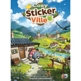 Cover of 'Cozy Sticker Ville' with a cartoon village scene and mountains in the background.
