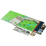 Board game set with a green playing mat, cards, and game pieces on a white background