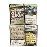 Four game cards with various designs and text on a white background