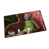Fantasy-themed playing mat with a creature in a green dress on a red surface