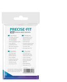 Packaging of Precise-Fit resealable sleeves with text on a white background