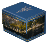 Blue leather-bound box with nature-themed design on a white background