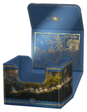 Blue card holder with gold detailing and map design on a white background
