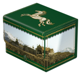 Green deck box with a detailed miniature landscape and horse emblem on a white background