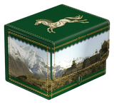 Green decorative box with a horse design and scenic illustration on a white background