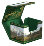 Green decorative box with intricate designs and landscapes on a white background