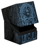 Black marble-patterned jewelry box with blue engraved design on a white background