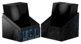 Two black card storage boxes with marble-like texture on a white background