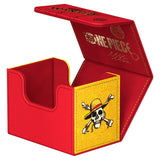 Red and yellow card holder with 'One Piece' branding and skull design on a white background