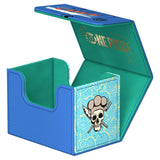 Blue and green card holder with 'One Piece' branding and skull design on a white background