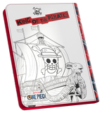 A One Piece: King of the Pirates card binder cover featuring a black and white line art illustration of the Straw Hat Ship with the Straw Hat skull logo, a red banner reading 'KING OF THE PIRATE', and a red border, shown on a white background.