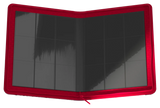 A card binder with a bright red fabric cover, shown open against a plain white background.