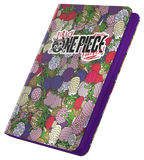 Card binder cover featuring a dense fruit illustration pattern with the 'One Piece' logo on the front, set against a plain white background.