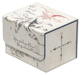 Square box with fantasy design featuring text and symbols on a white background