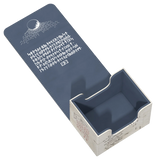 A blue leather case with an open lid, featuring white printed runic text and a moon illustration on the inside of the lid. The exterior of the case is off-white with handwritten-style markings.