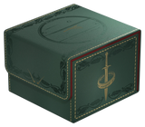 Green leather-bound deck box with gold embossed design on a white background