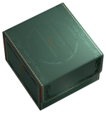 A dark green textured leather deck box with gold stitching and an embossed circular crest on the lid, shown on a plain white background.