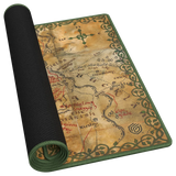 A rolled-up gaming mat featuring an ancient fantasy map design with green borders and black backing, shown on a plain white background.