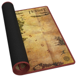 A rolled-up gaming playmat featuring an ancient, aged map design from The Lord of the Rings: The Hobbit, with a black textured backing and red border.
