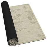 A rolled-up play mat with a beige parchment-style map design printed on the flat side, shown on a plain white background.