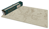 A fantasy map playmat shown unrolled alongside its dark green packaging box on a clean white background.