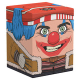 Cartoonish clown face on a box with red nose and blue hair.