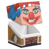 Cartoonish clown face on a box with a white background