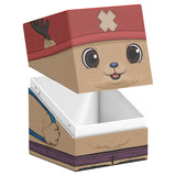 Cartoon bear character on a box with a red hat and purple band