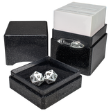 Black speckled dice and card storage box with dice and cards inside, featuring Ultra Pro logo.