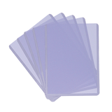 A fan of translucent light purple plastic card sleeves or document holders on a plain white background.