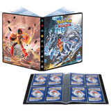 Pokémon trading card binder with open pages displaying cards and artwork.