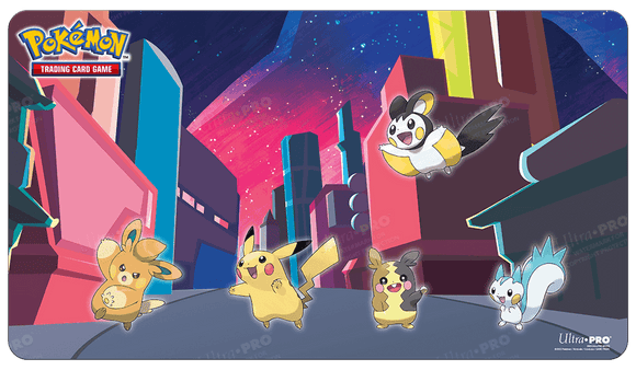 Pokémon trading card game playmat with Pokémon characters in an urban setting.