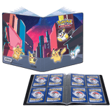 Pokémon trading card game binder with cards and Pokémon illustrations on a transparent background