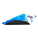 Colorful motorcycle fairing with graphic design on a white background
