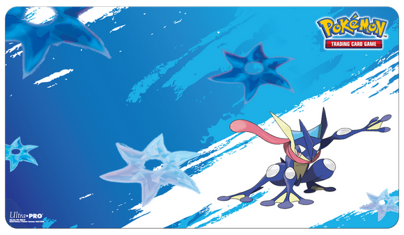 Pokémon trading card game playmat with a character and Pokémon logo on a blue background