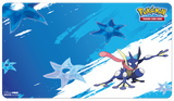 Pokémon trading card game playmat with a character and Pokémon logo on a blue background