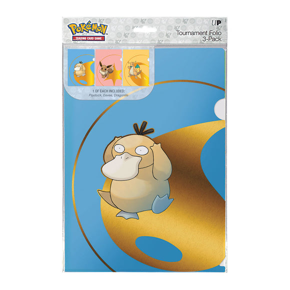 Pokémon trading card game tournament folio packaging with a Pokémon character on a blue and gold background.