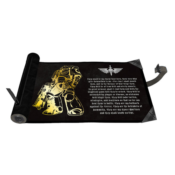Black mat with gold robot design and text on a white background