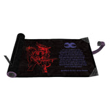 Black pouch with red and purple designs and text on a white background